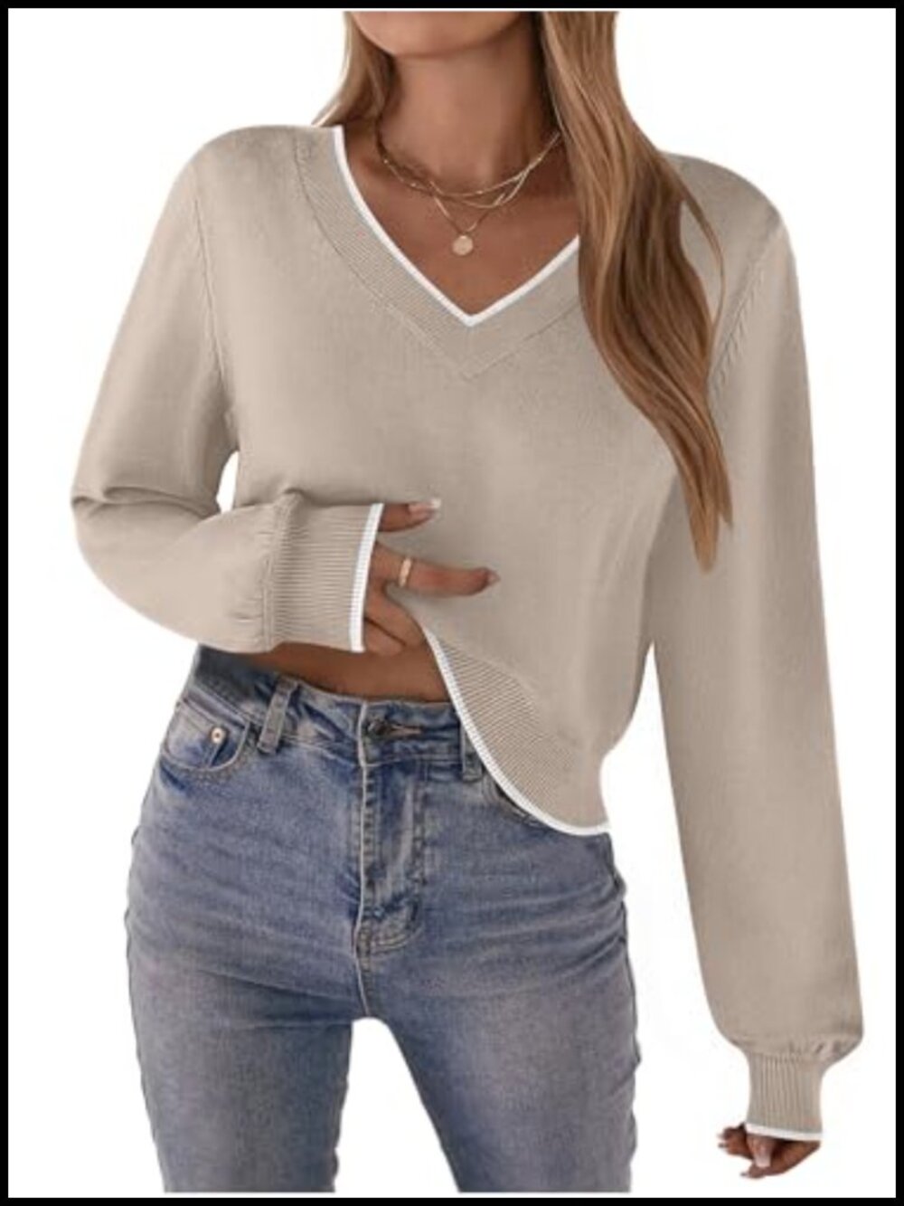 V-Neck Cropped Knit Sweater Long Sleeve Pullover Viscose Blend Medium Stretch
